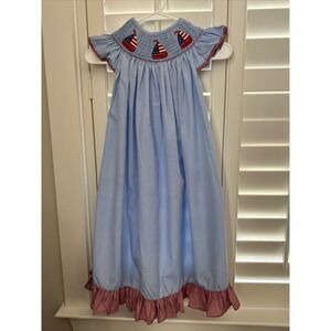 NWT Bambeeni Smocked Dress Long USA Flag Sail Boats Embroidered Toddler  6T